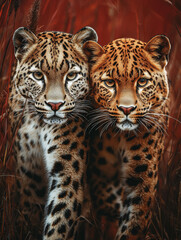 Obraz premium A Panther and a Leopard Walking Side by Side on a Bold Red Background