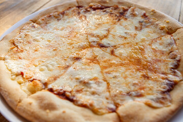 Juicy beautiful appetizing large cheese pizza close-up.