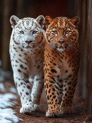 Fototapeta premium A Panther and a Leopard Walking Side by Side on a Bold Red Background