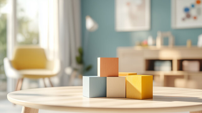 Colorful wooden blocks arranged on a round table in a bright and modern living room. Minimalist interior design with playful decor elements.