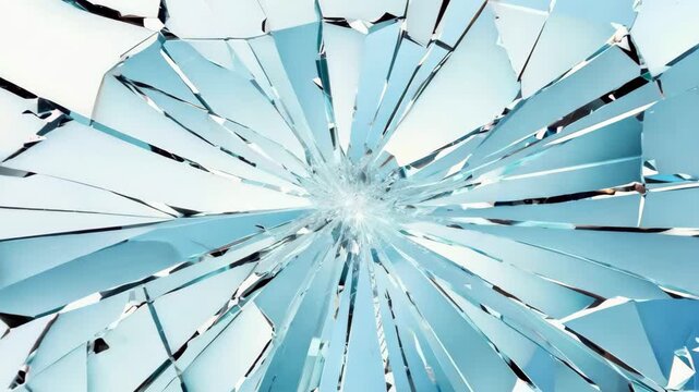 Broken shattering glass, with a blue screen in the background