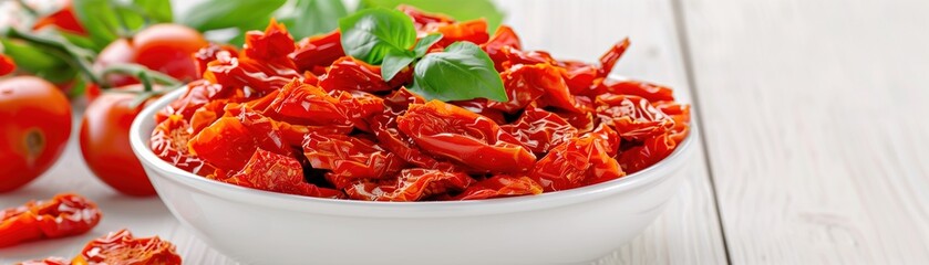 Sun-dried tomatoes on a white plate and on a wooden table. Dried tomatoes.