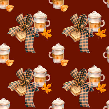 stylish seamless pattern book with a checkered bow with coffee and autumn leaves for textiles on a dark brown background