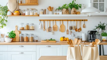 Bright and stylish kitchen with wooden utensils, organized shelves, and fresh herbs, perfect for culinary inspiration and home cooking.