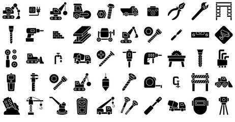 Set Of Linear Construction Tools Vector Symbols Apps, Websites Ui Designs Suitable For Construction,Tools,Vehicle,Screw,Work Outline Icons Collection. Simple Vector Illustration