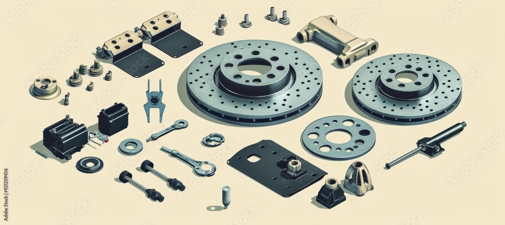 Poster step-by-step guide to installing brake pads with clear illustrations and labeled parts