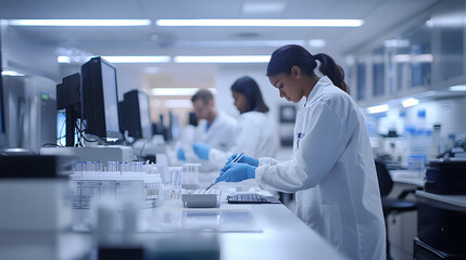 Wide shot of a hospital’s diagnostic lab with staff processing and analyzing test samples
