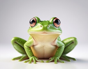 Obraz premium A cartoon green frog sitting in 3d cartoon style on grey background Tropical animal For children book Generative AI