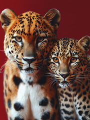 Obraz premium A Panther and a Leopard Walking Side by Side on a Bold Red Background