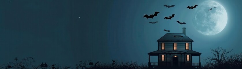 Cartoon haunted house with bats and full moon, Halloween coloring page, Classic Halloween setting