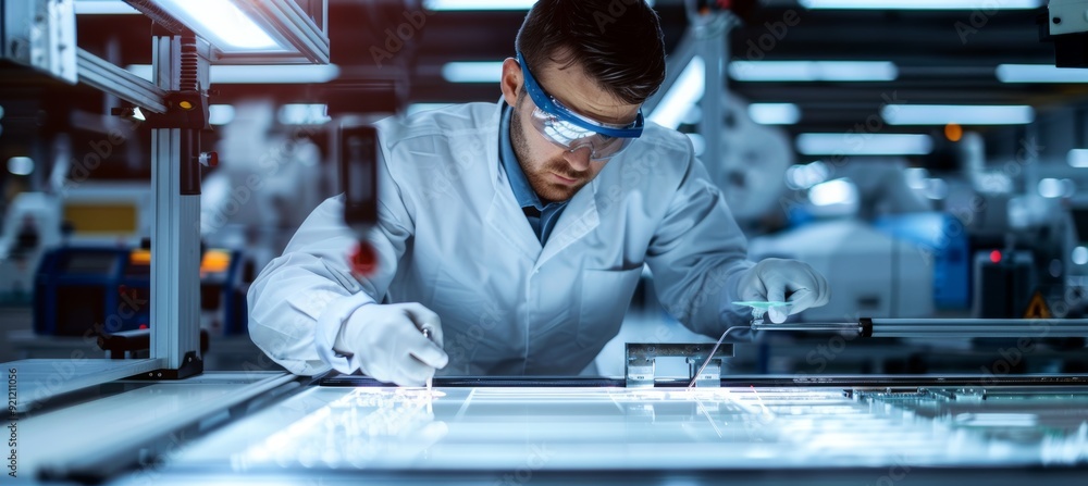 Poster high-tech engineer adjusting laser cutting machine in advanced industrial assembly line