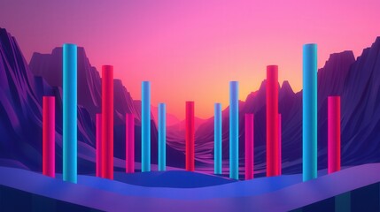Fototapeta premium Surreal 3D landscape with vibrant music bars emerging from the ground, pulsating with dynamic energy, colors blending in harmony, evoking a sense of rhythm and movement.