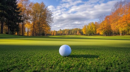 Fototapeta premium A golf ball on a lush green fairway framed by colorful autumn trees under a partly cloudy sky