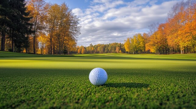 A golf ball on a lush green fairway framed by colorful autumn trees under a partly cloudy sky
