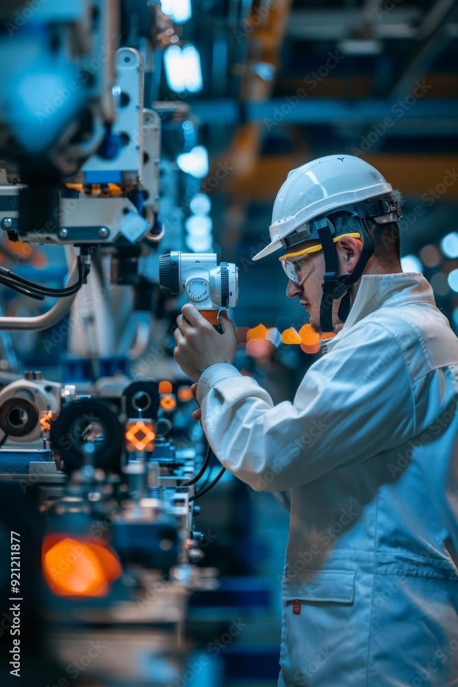 Aufkleber engineer using thermal imaging camera in high-tech lighting factory environment