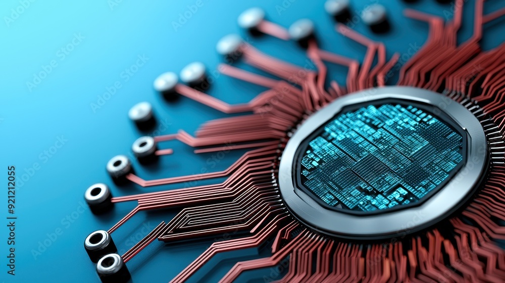 Aufkleber close-up of a modern microchip with intricate circuitry against a blue background, symbolizing techn