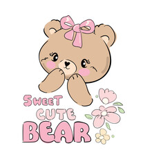 Teddy bear and flowers vector hand drawn illustration, cute print design for kids 