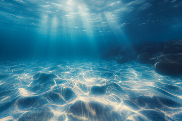 Sun rays underwater at depth in the sea, sand and blue water