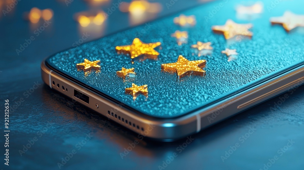Poster a close-up of a smartphone decorated with golden stars on a textured surface, creating a whimsical a