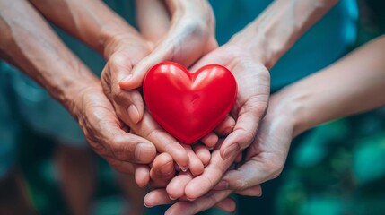 Multiple hands holding a red heart together, symbolizing unity, compassion, teamwork, and collective care in a supportive work environment.