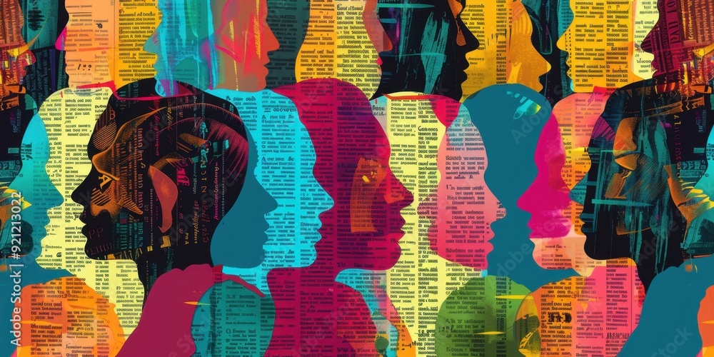 Poster pattern with colorful silhouettes of people, their faces made from pages of text and images, in an a