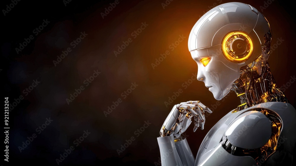 Poster a futuristic robot embodies advanced technology with glowing elements, symbolizing innovation and ar