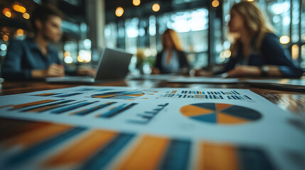 Employees preparing for a project presentation, with charts and graphs printed out and laid on a large table