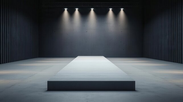 An industrial-style empty catwalk in a 3D-rendered warehouse, harsh spotlighting, seen from a dramatic low-angle shot