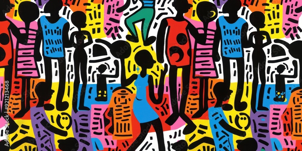 Poster abstract pattern of black people talking to each other, bold colors and patterns, magazine pages wit