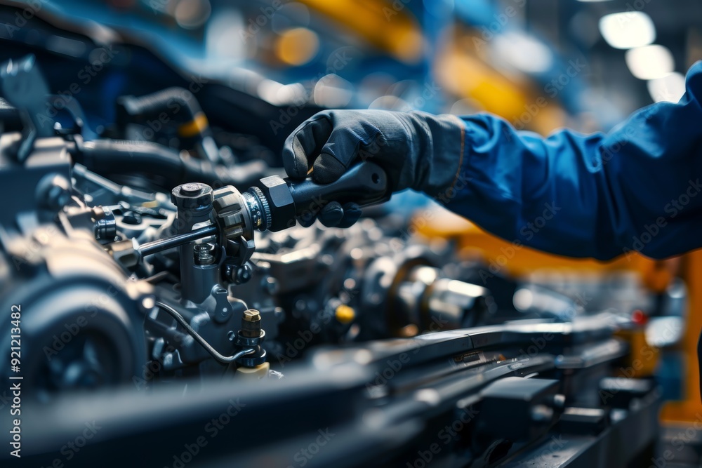 Poster engineer securing car engine bolts with torque wrench on advanced factory assembly line
