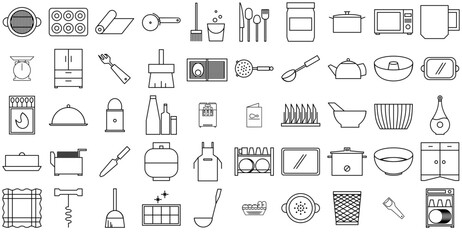 Set Of Linear Cooking Tools Icons Silhouette Vector Logo Design Containing Dish,Pan,Cooking,Kitchen,Utensil Set Vector Flat Line Icons