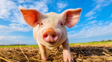 A pig is standing in a field with its head up and looking at the camera. The sky is blue and there are some clouds in the background