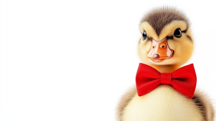 Fototapeta premium A duck wearing a red bow tie is standing in front of a white background. The duck has a serious expression on its face, which gives the image a somewhat somber mood