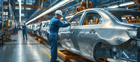 Naklejka premium Engineer Inspecting Car Body Panels in Modern Automobile Factory with Robotic Arms