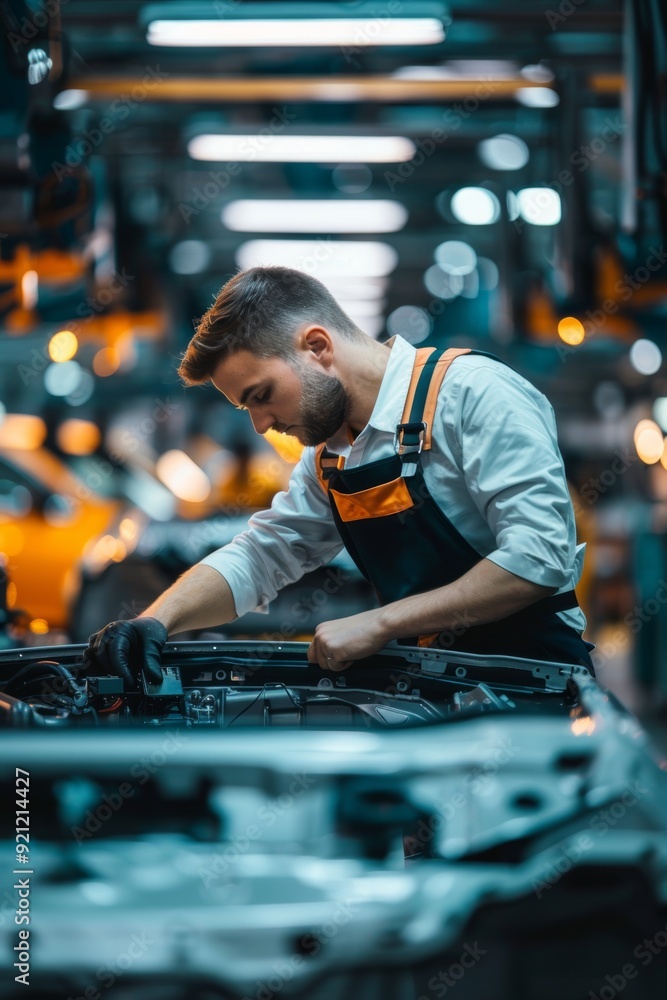 Poster engineer conducting diagnostic test on car's electronic system in modern high-tech factory