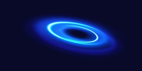 Rounded neon line with light effect. Energy flow tunnel. Blue portal, platform. Night road speed illustration.