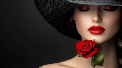 Naklejka premium Beautiful woman in hat with red rose on black background. Fashion photo