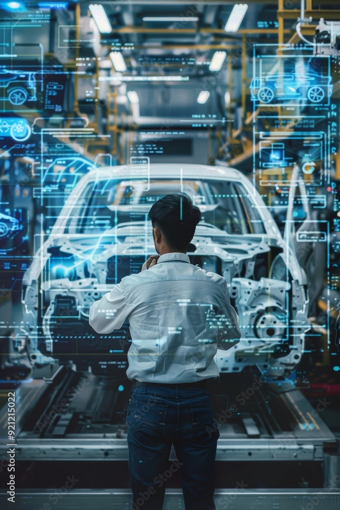 Poster engineer reviewing production schedule on digital screen at busy automobile assembly line