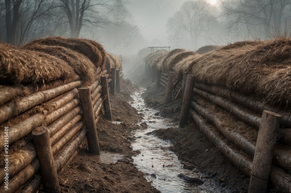 Poster snow-covered trench in winter sunlight