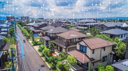 Obraz premium A smart city neighborhood with homes equipped with smart home technologies, enhancing the quality of life for residents.