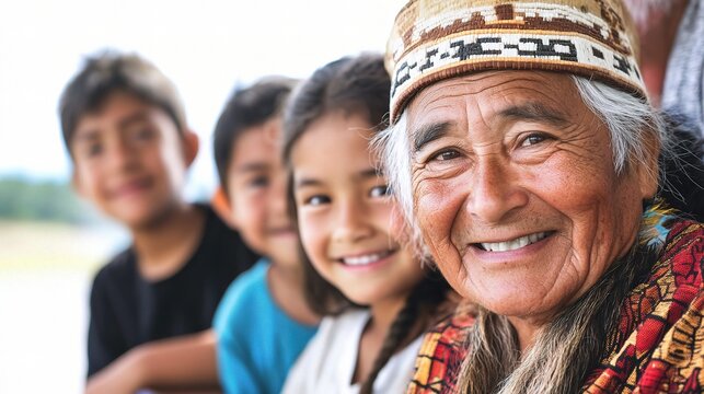 Generations of Indigenous Heritage: A portrait of a wise elder and three children, all smiling warmly, showcasing the intergenerational connection and cultural continuity of Indigenous communities.