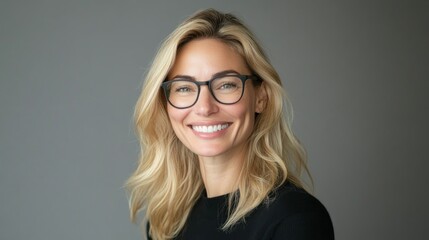 Fototapeta premium A woman with blonde hair in glasses is smiling