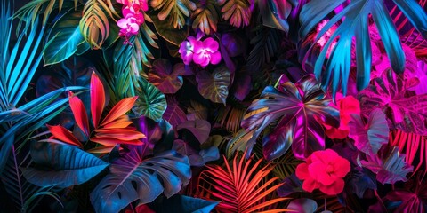 picture with colorful neon lights and tropical plants