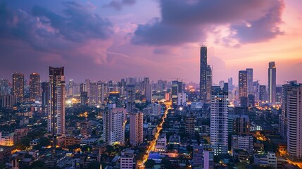 Fototapeta premium A sprawling cityscape filled with towering skyscrapers that touch the sky, each building a marvel of modern architecture.