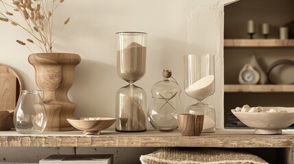 A traditional sand clock with a timeless design, featuring clear glass and classic wooden stands, ideal for any setting.