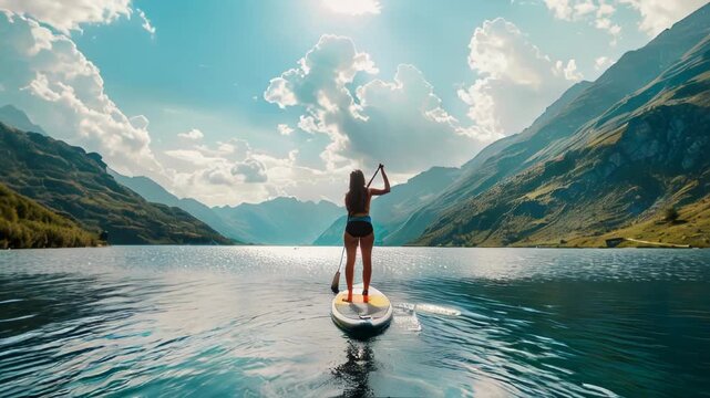 Smiling woman stands on a paddleboard sup with paddle against the background of the lake and mountains