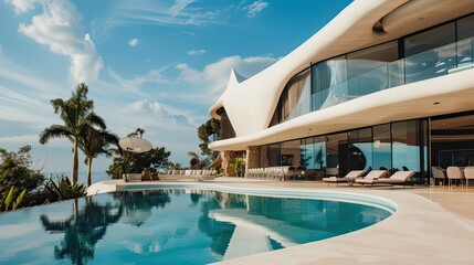 Naklejka premium A luxurious ear-shaped mansion with an infinity pool and expansive outdoor terrace. 