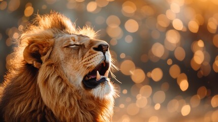A powerful lion enjoying the warm sunlight, its mane illuminated with a beautiful bokeh effect in the background, symbolizing strength and serenity.