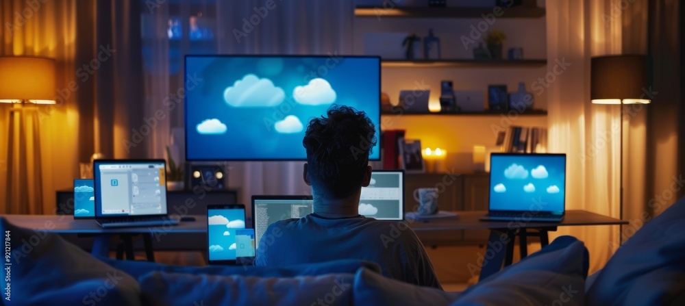 Aufkleber personal cloud storage management with multiple devices in modern home office setting