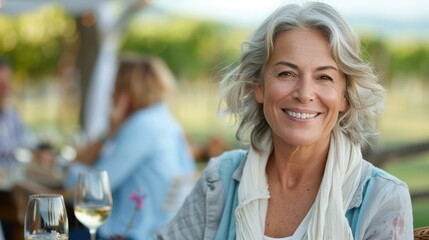 A smiling older woman with grey hair and glasses, holding a glass of wine at a relaxed outdoor gathering. The background is serene with greenery and people around. - Powered by Adobe